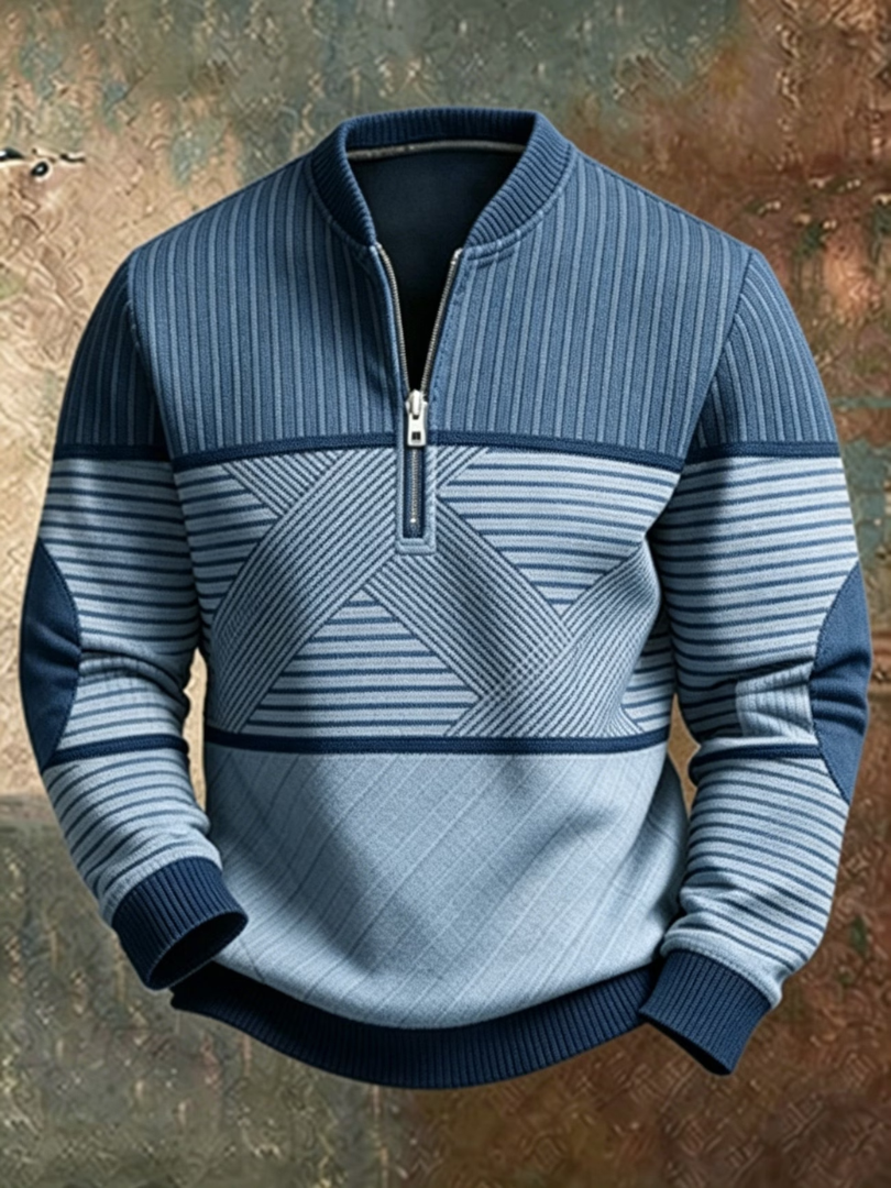 Men's blue colorblock half-zip pullover sweater