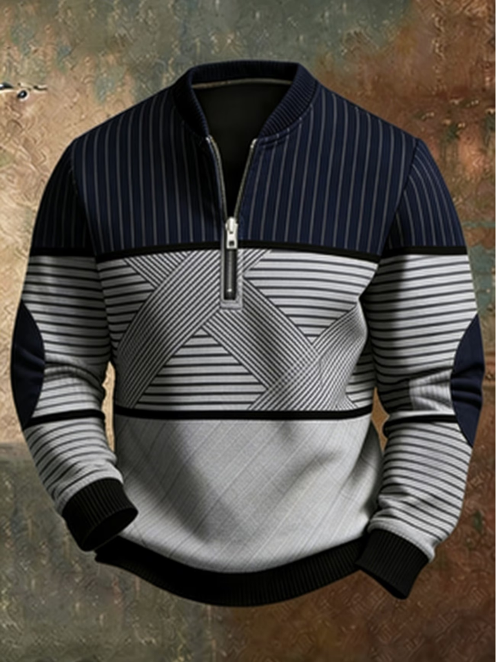 Men's navy and light gray colorblock half-zip pullover sweater