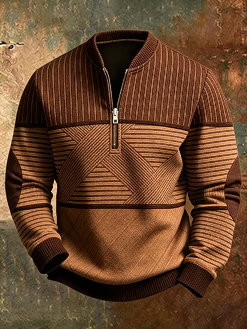 Men's brown colorblock half-zip pullover sweater