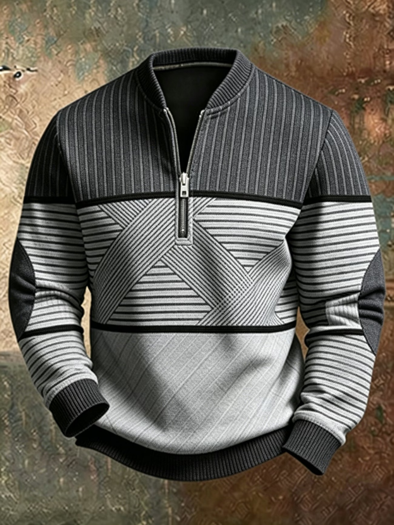 Men's gray colorblock half-zip pullover sweater with elbow patches