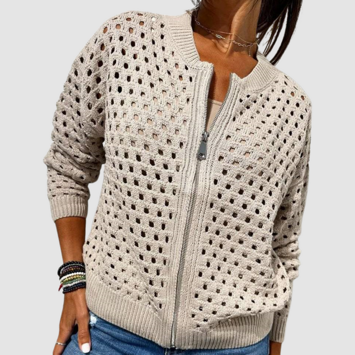 Women's beige open-knit zip-up cardigan, front view