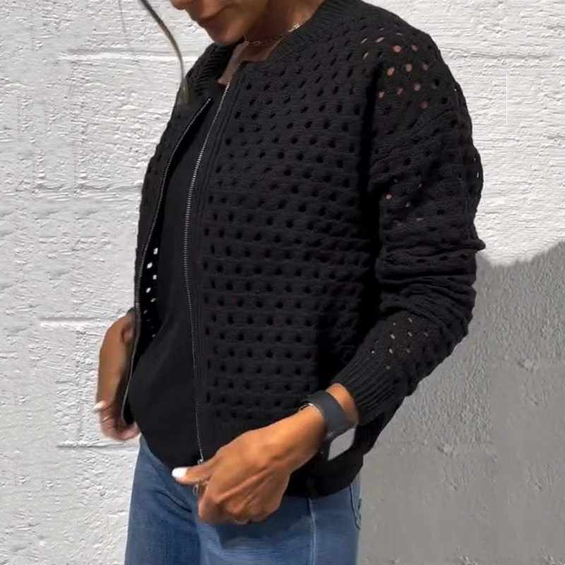 Black open-knit zip-up cardigan worn open over a top