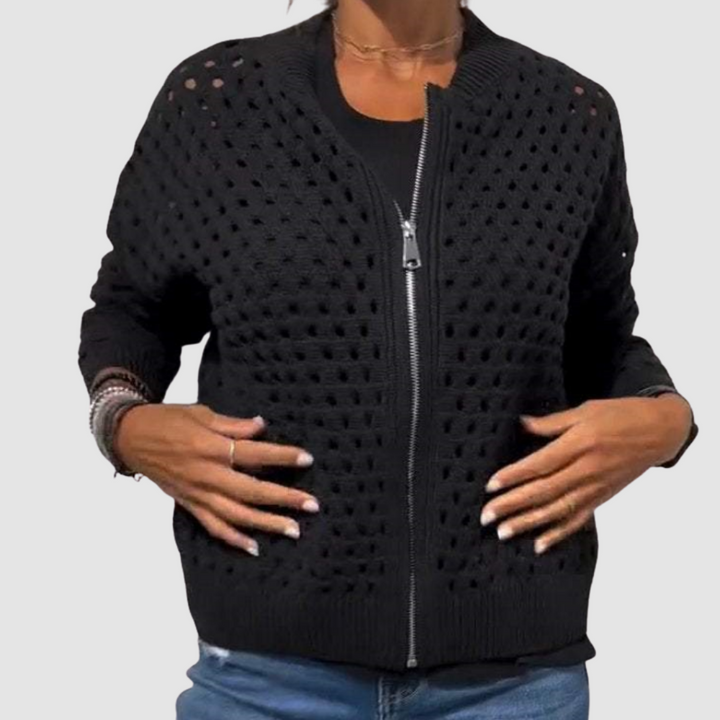 Women's black open-knit zip-up cardigan, front view