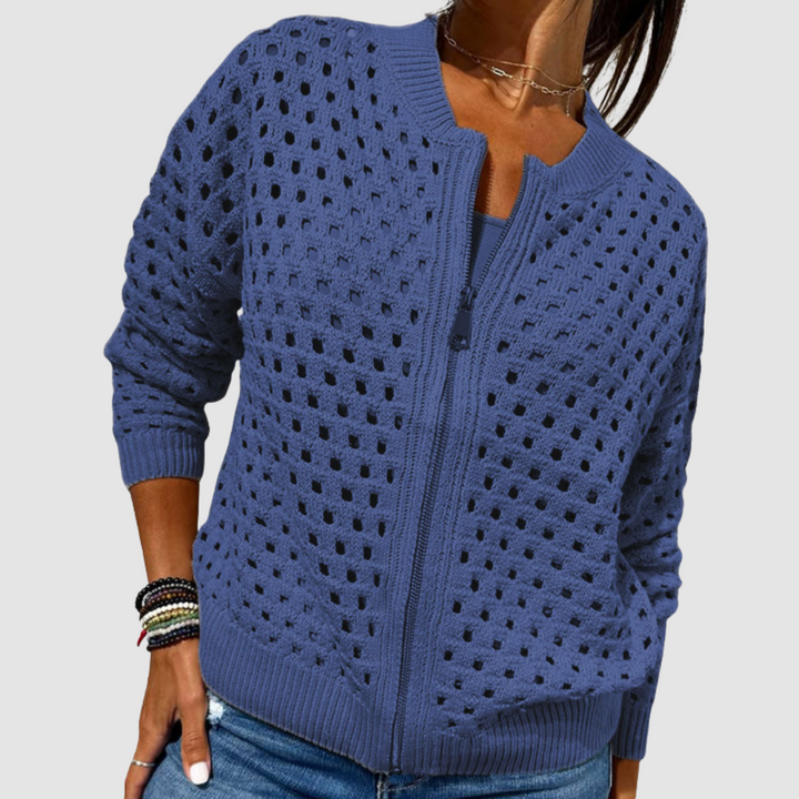 Women's blue open-knit zip-up cardigan, front view
