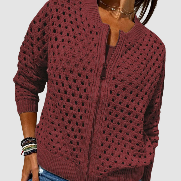 Women's burgundy open-knit zip-up cardigan, front view