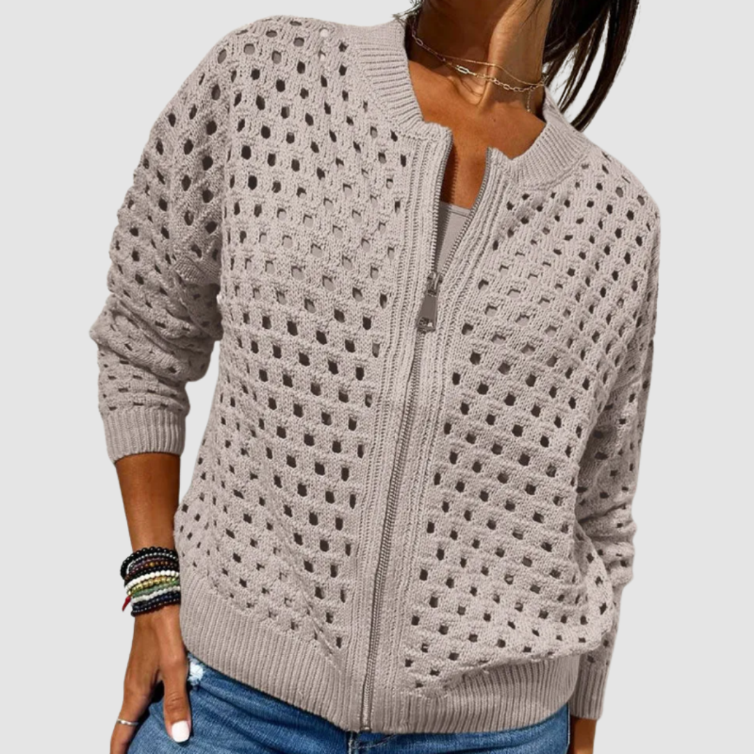 Women's light gray open-knit zip-up cardigan, front view