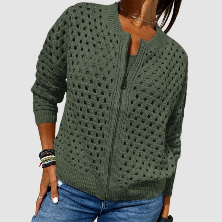 Women's olive open-knit zip-up cardigan, front view