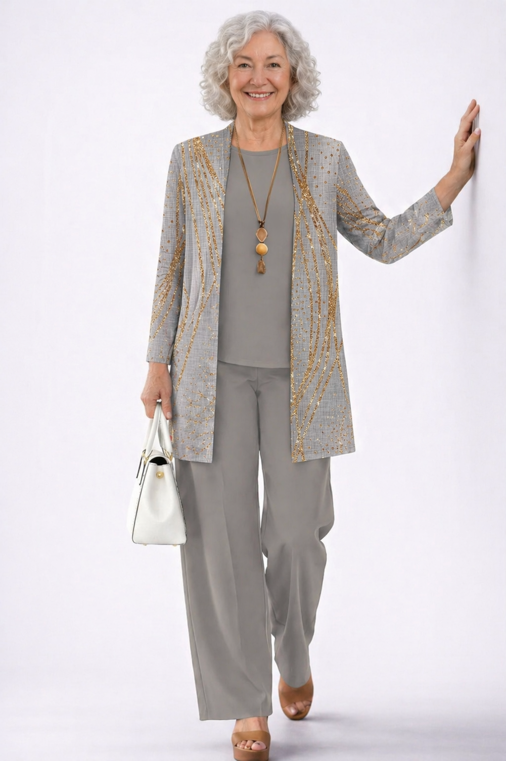 Women's gray and gold shimmer print cardigan and pant set