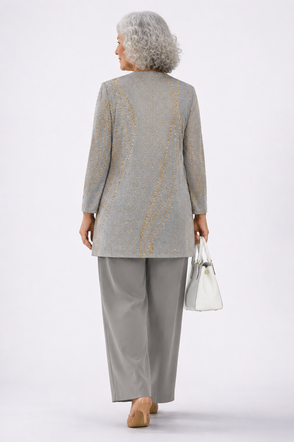 Back view of the gray and gold shimmer print cardigan and pant set