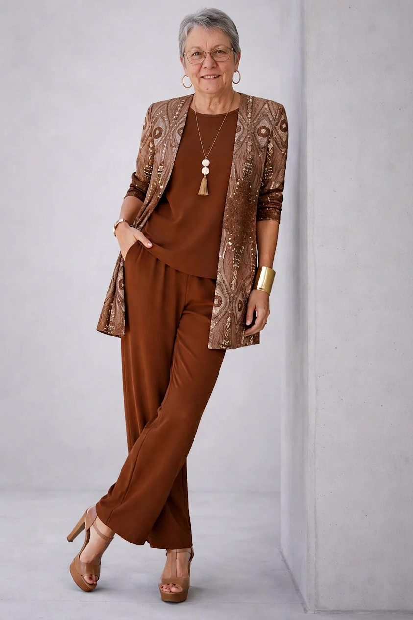Women's cinnamon paisley print cardigan and pant set