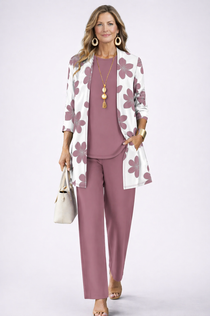 Women's mauve and white floral print cardigan and pant set