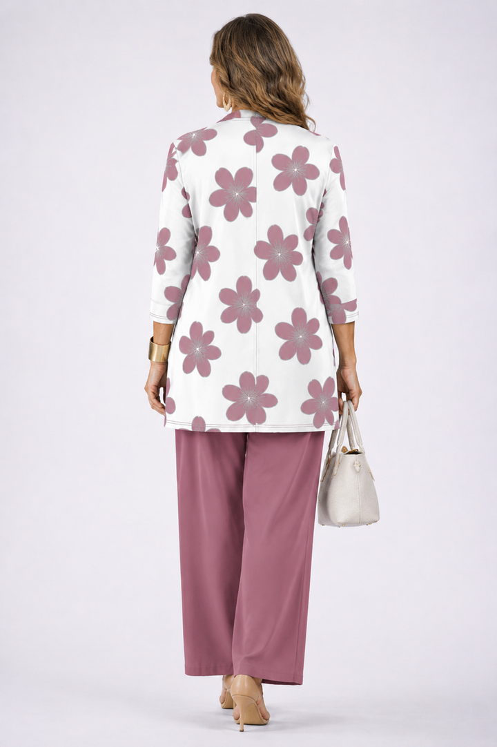 Back view of the mauve and white floral print cardigan and pant set