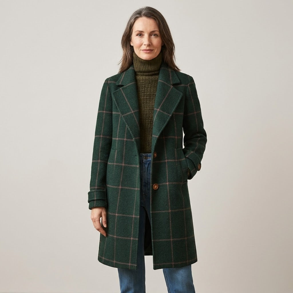 Women's green windowpane check mid-length coat