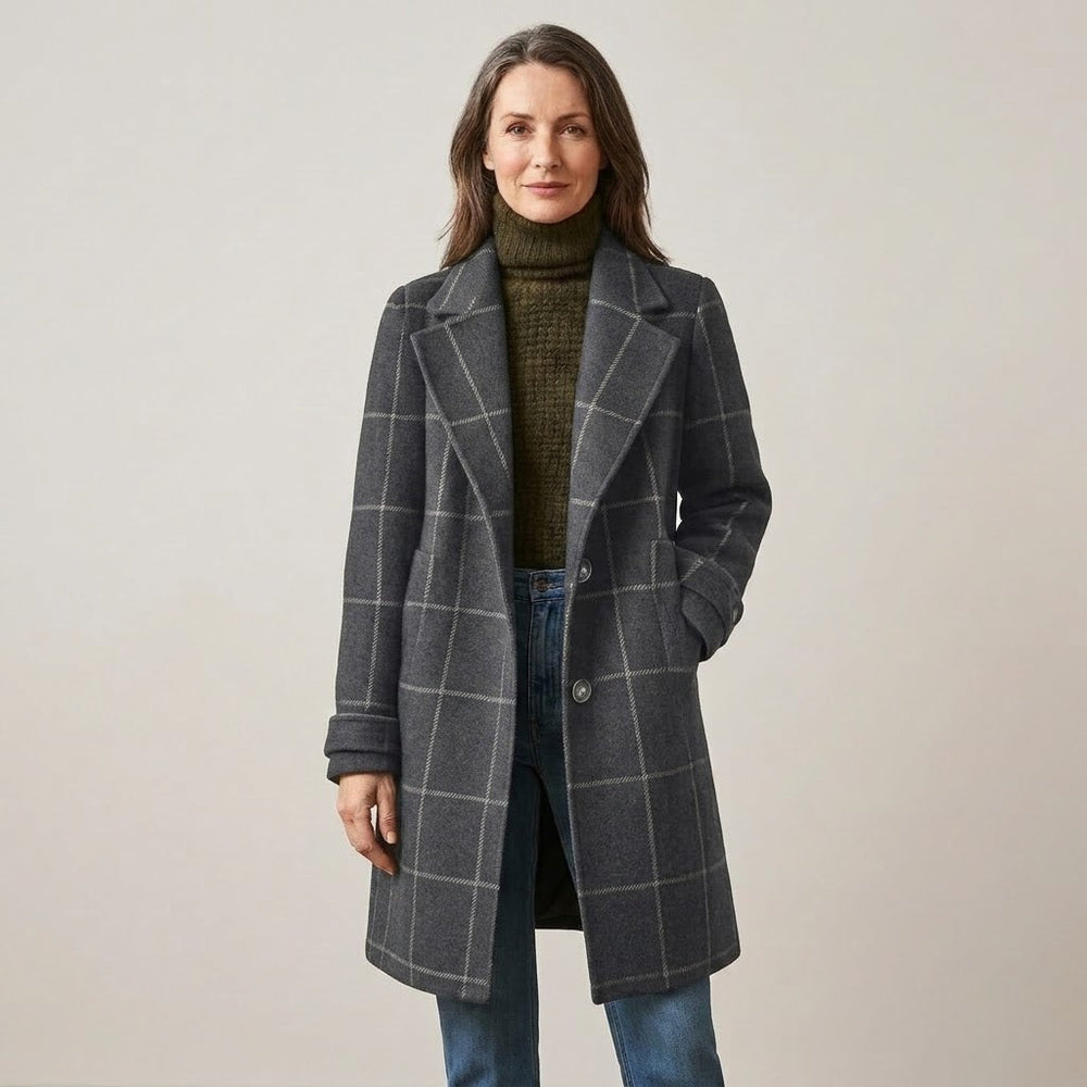 Women's gray windowpane check mid-length coat