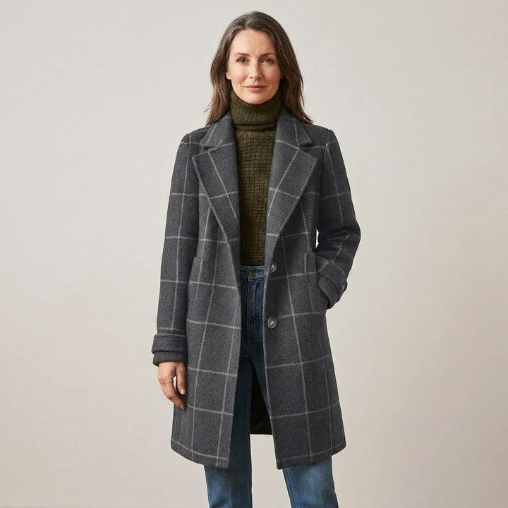 Women's gray windowpane check mid-length coat