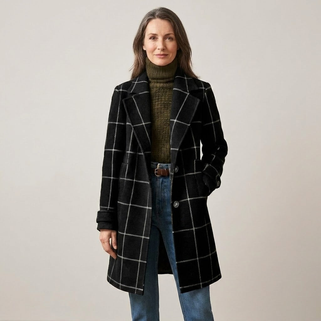 Women's black windowpane check mid-length coat