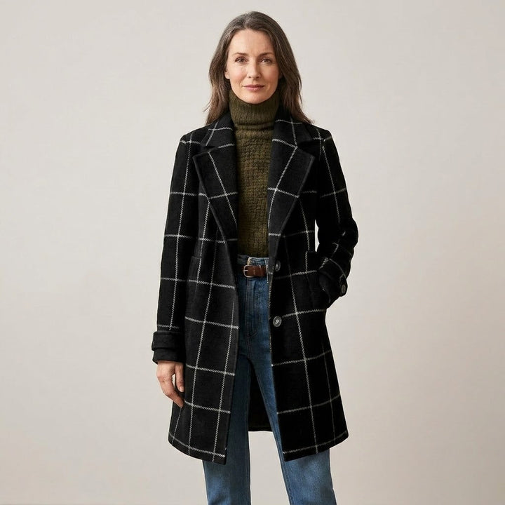 Women's black windowpane check mid-length coat