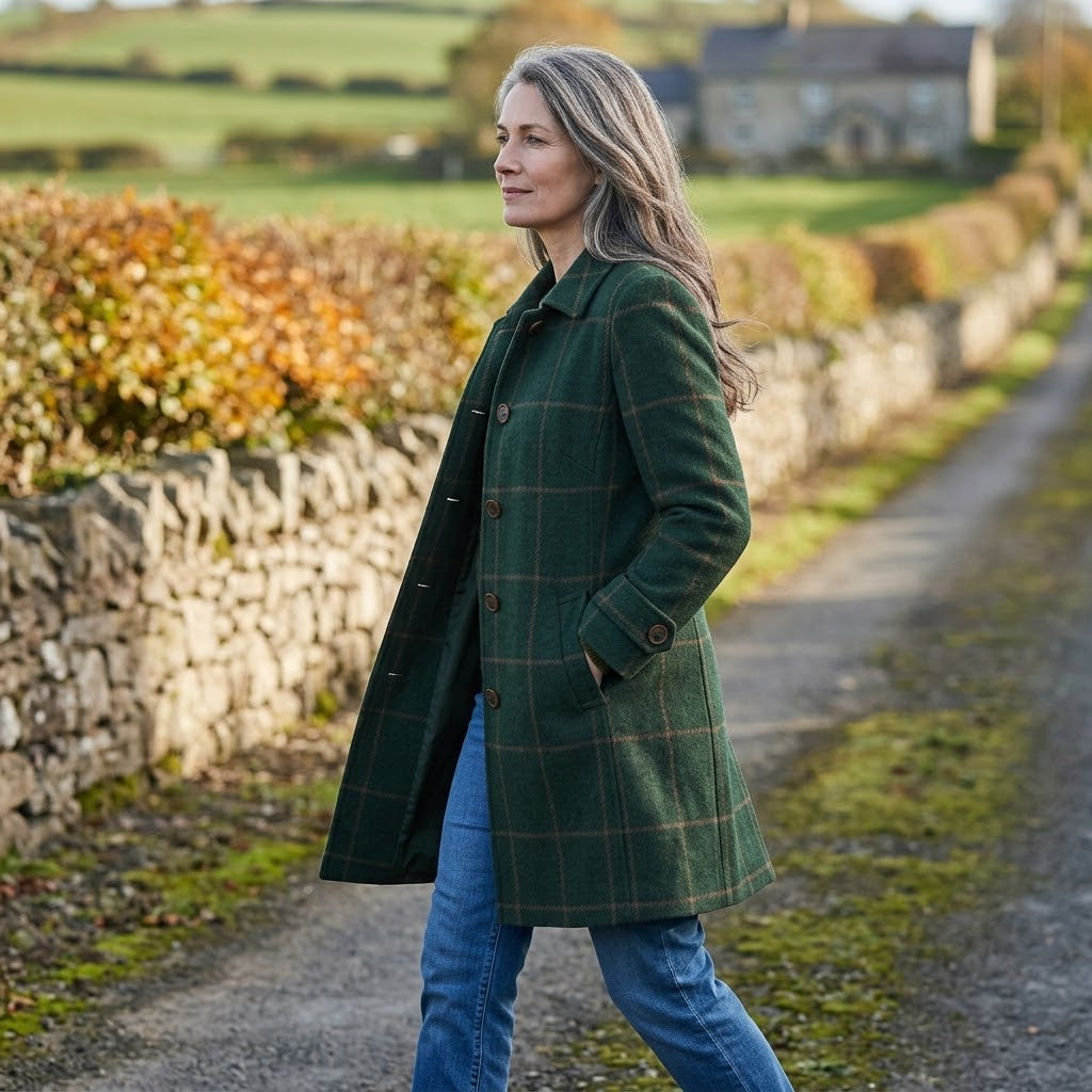 Woman wearing the green check coat on a country walk