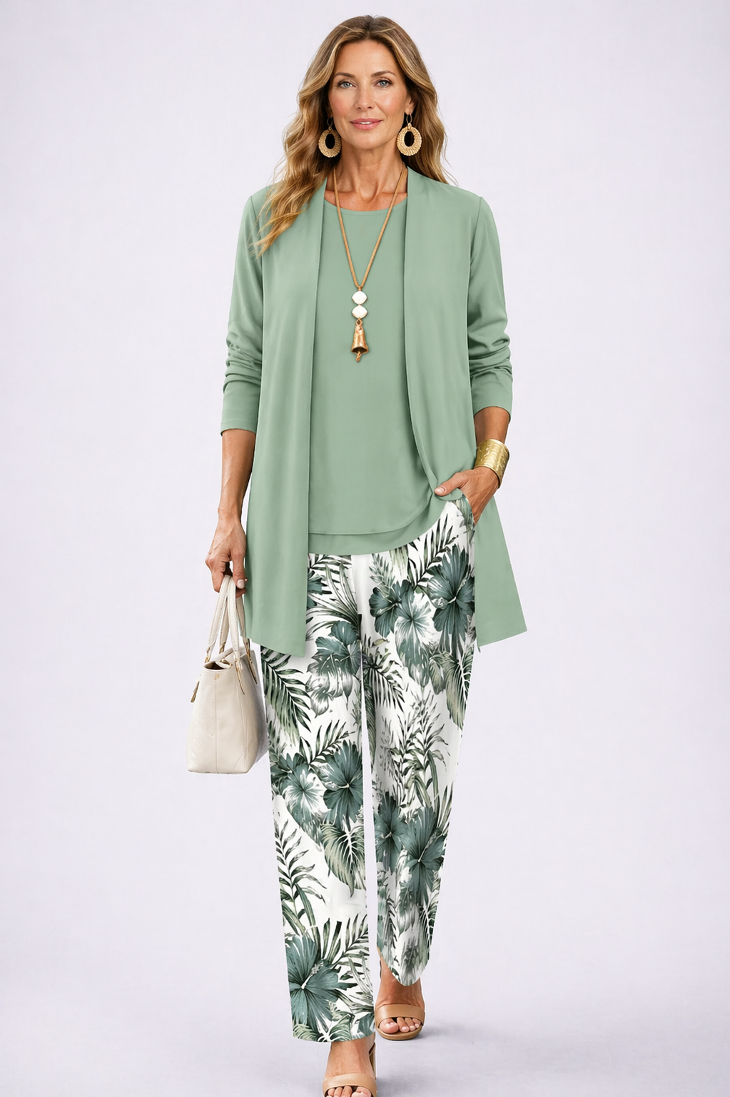 Women's sage and white open-front cardigan and tropical print pant set
