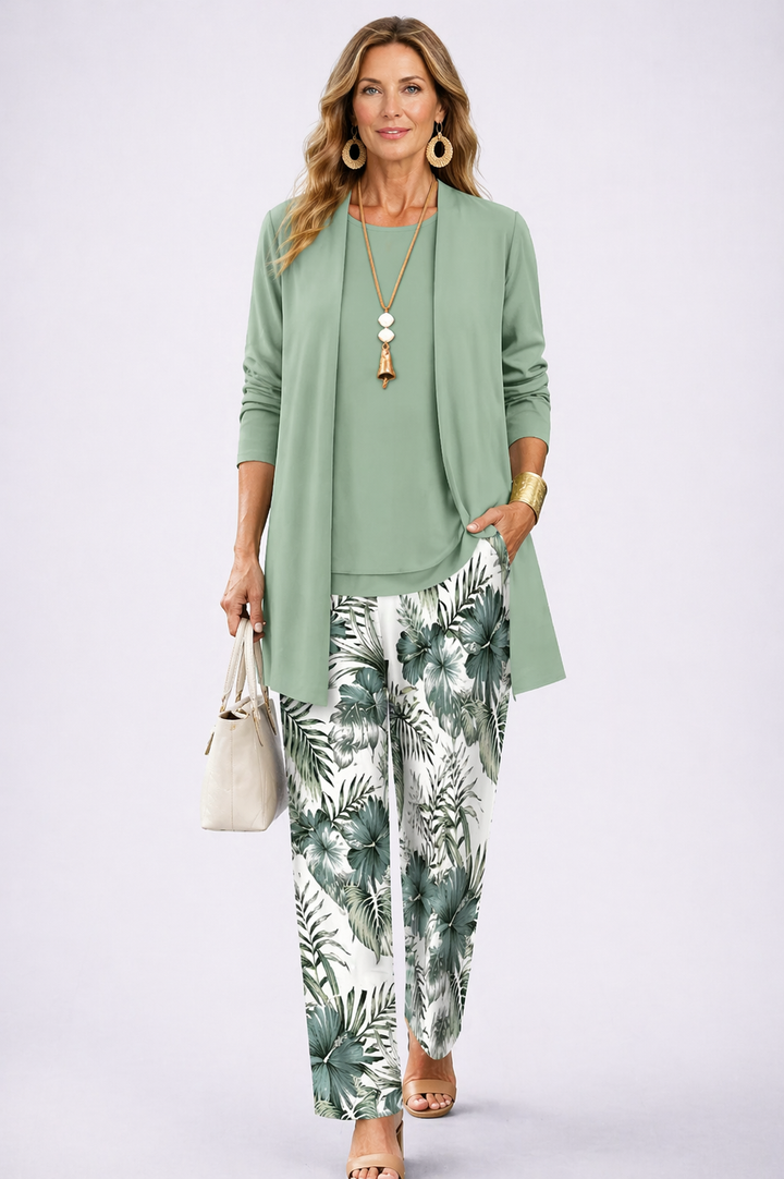 Women's sage and white open-front cardigan and tropical print pant set