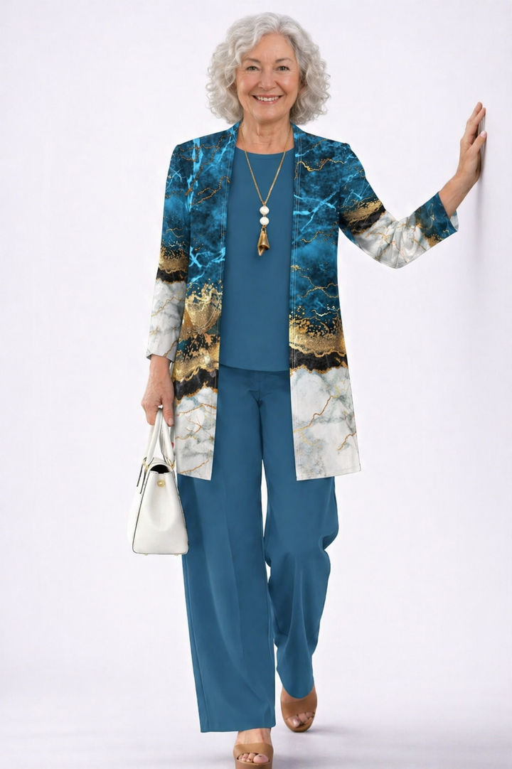Women's teal and gold marble ombré cardigan and pant set