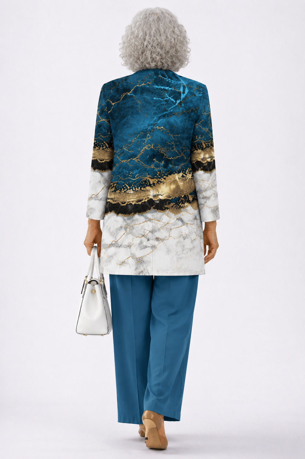 Back view of the teal and gold marble ombré cardigan and pant set