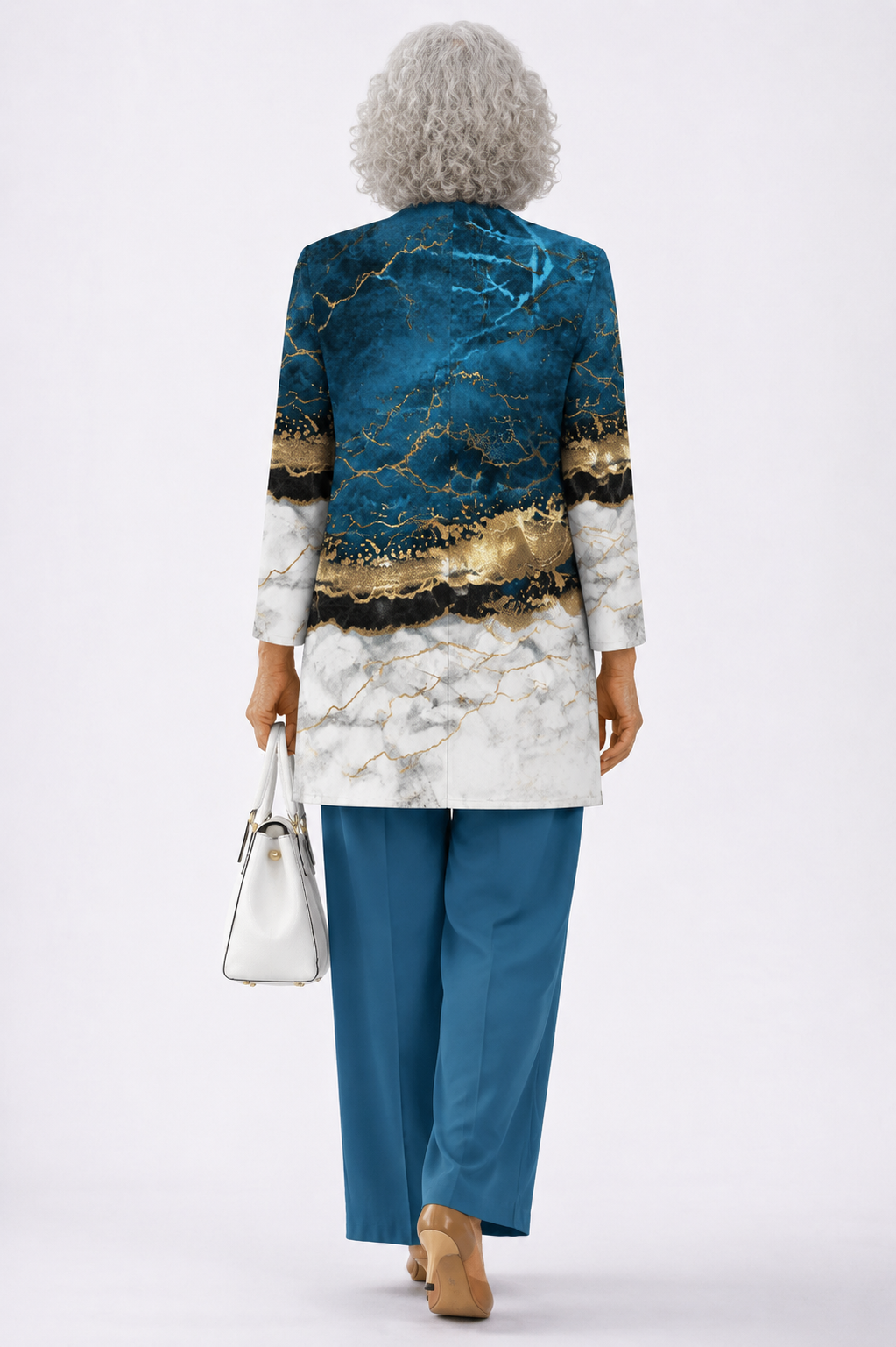 Back view of the teal and gold marble ombré cardigan and pant set