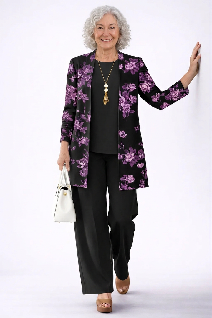 Women's black and purple floral print cardigan and pant set