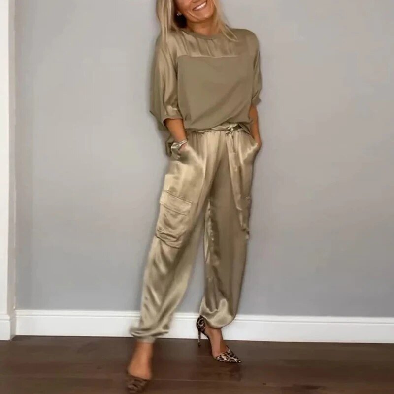 Women's champagne silky short-sleeve top and belted cargo pant set