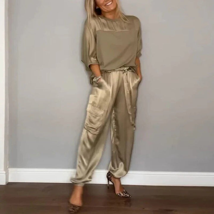 Women's champagne silky short-sleeve top and belted cargo pant set