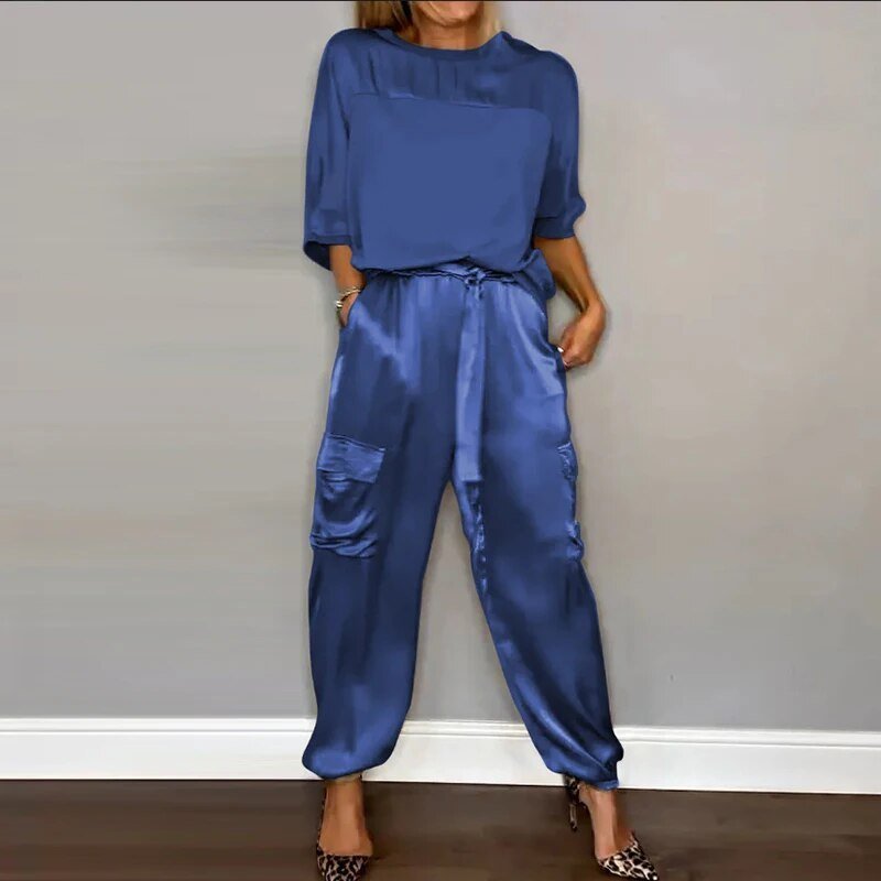 Women's blue silky short-sleeve top and belted cargo pant set