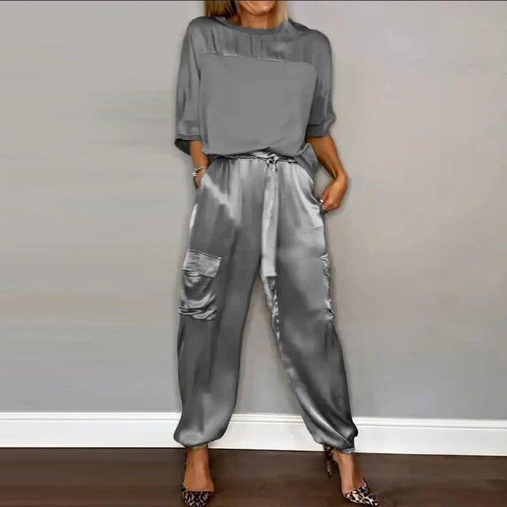 Women's silver gray silky short-sleeve top and belted cargo pant set
