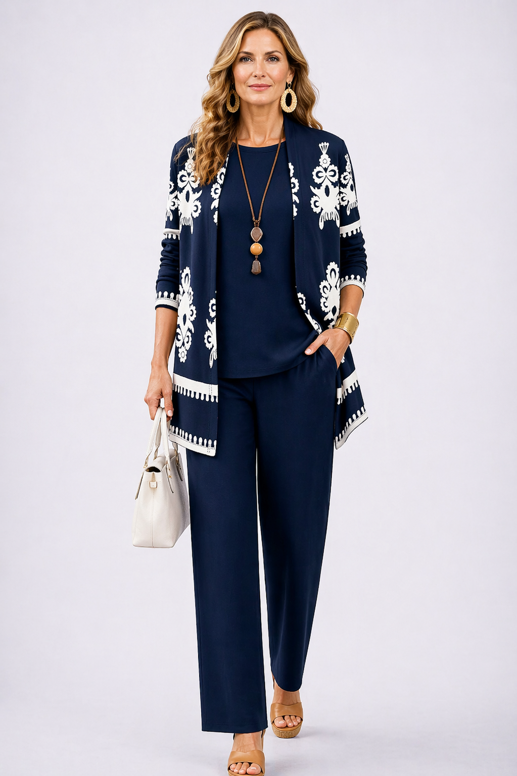 Women's navy and white damask print cardigan and pant set
