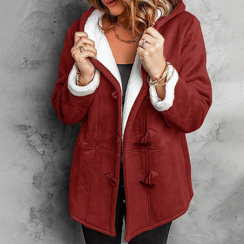 Women's burgundy plush-lined hooded toggle coat