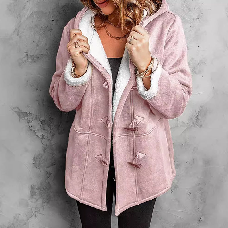 Women's blush pink plush-lined hooded toggle coat