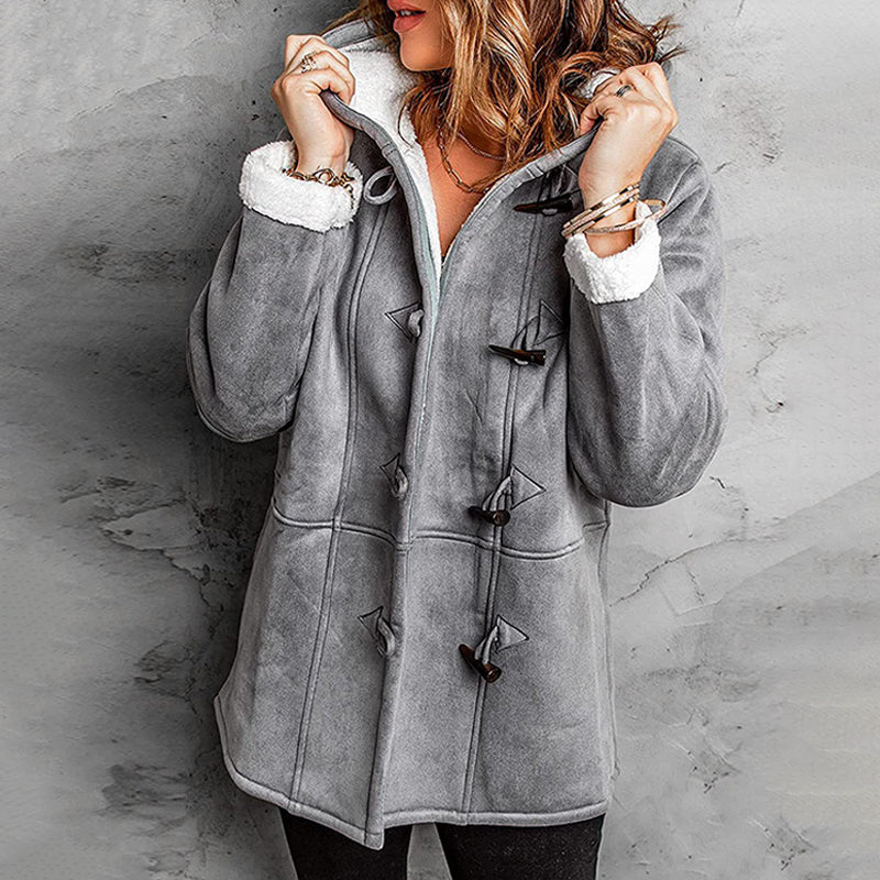Women's gray plush-lined hooded toggle coat