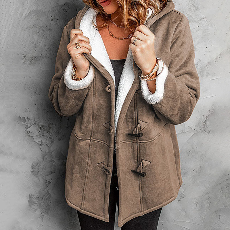 Women's mocha plush-lined hooded toggle coat