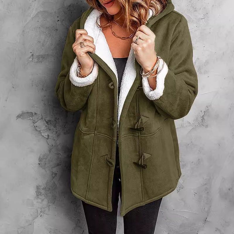Women's olive plush-lined hooded toggle coat
