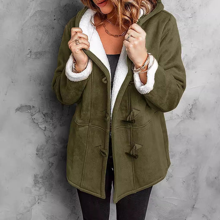 Women's olive plush-lined hooded toggle coat