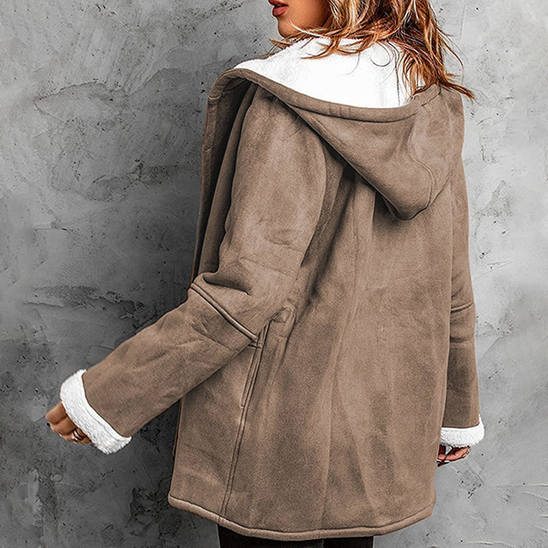 Back view of mocha hooded toggle coat