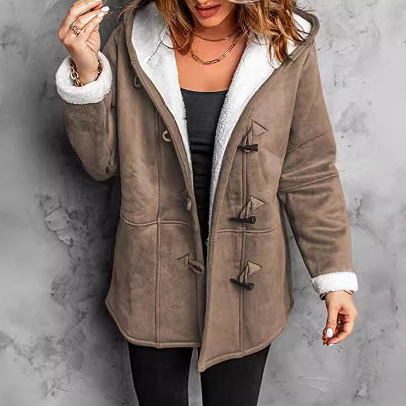 Hooded toggle coat worn open