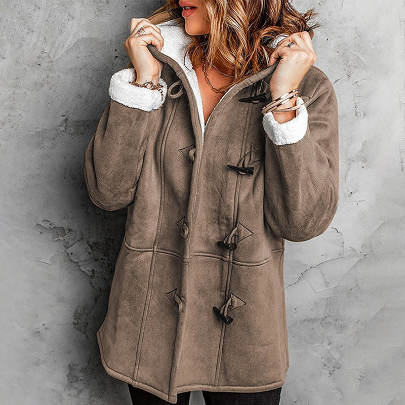 Hooded toggle coat with plush cuffs