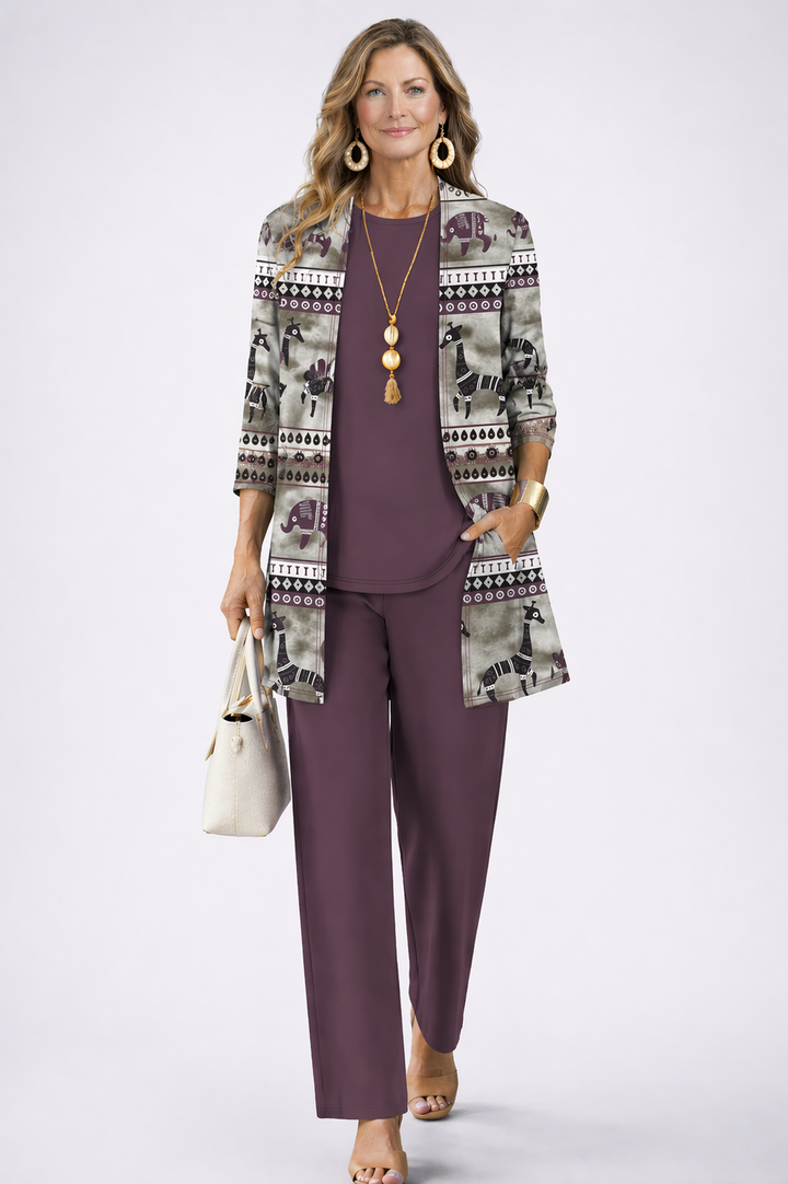 Women's plum medallion print cardigan and pant set