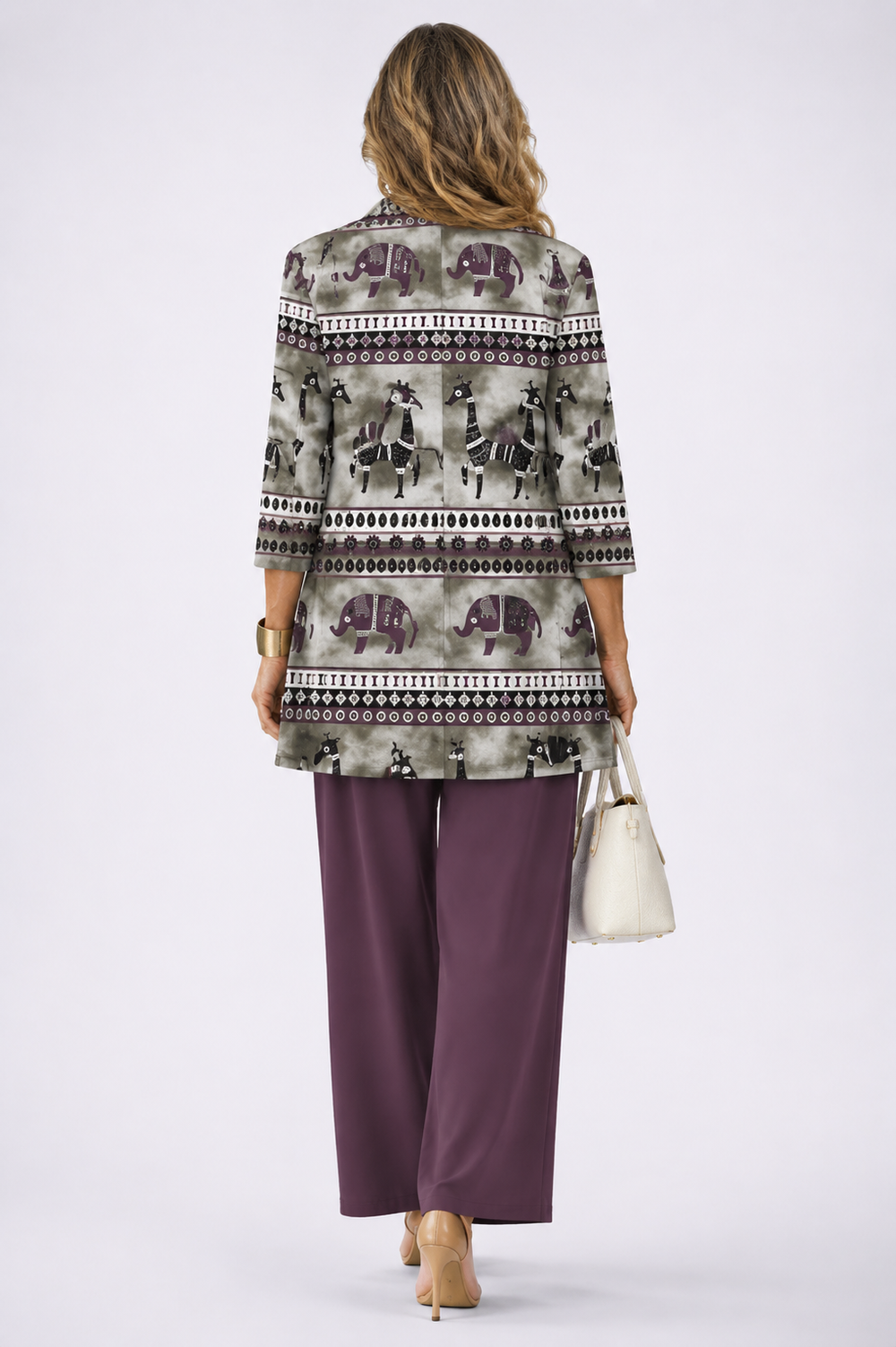 Back view of the plum medallion print cardigan and pant set
