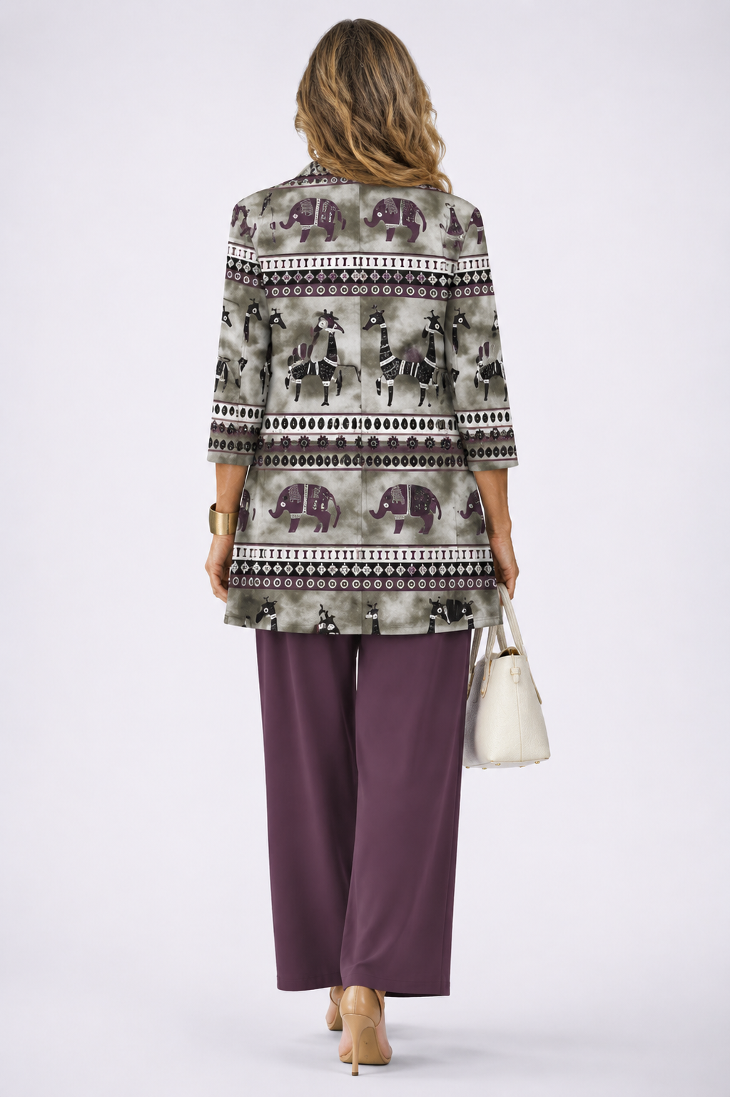 Back view of the plum medallion print cardigan and pant set