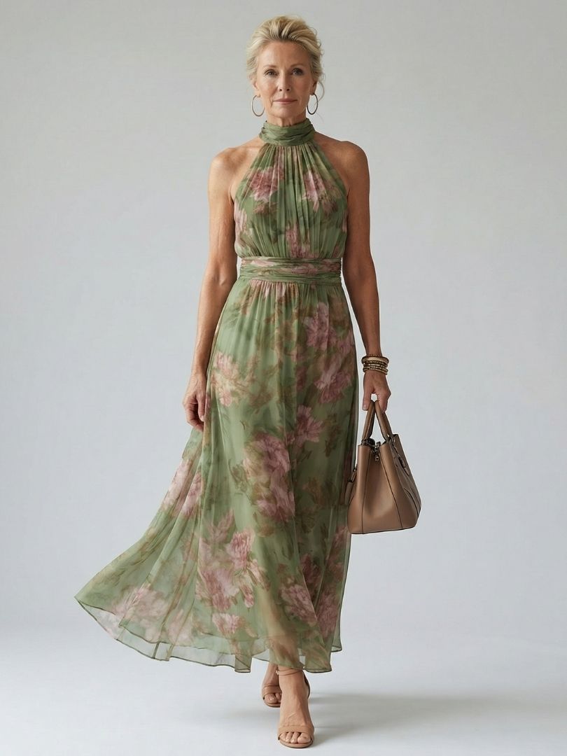 Women's sage green floral halter neck maxi dress, front view