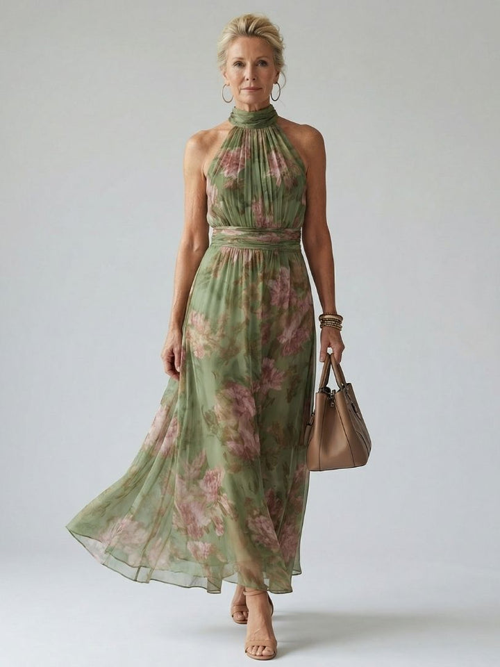 Women's sage green floral halter neck maxi dress, front view