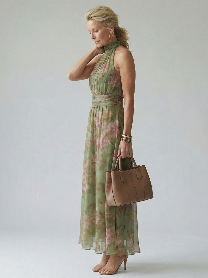 Women's floral halter maxi dress, side view