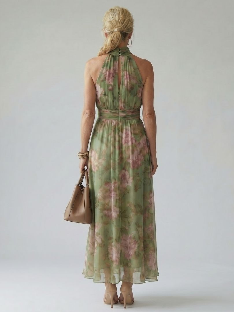Women's floral halter maxi dress, back view