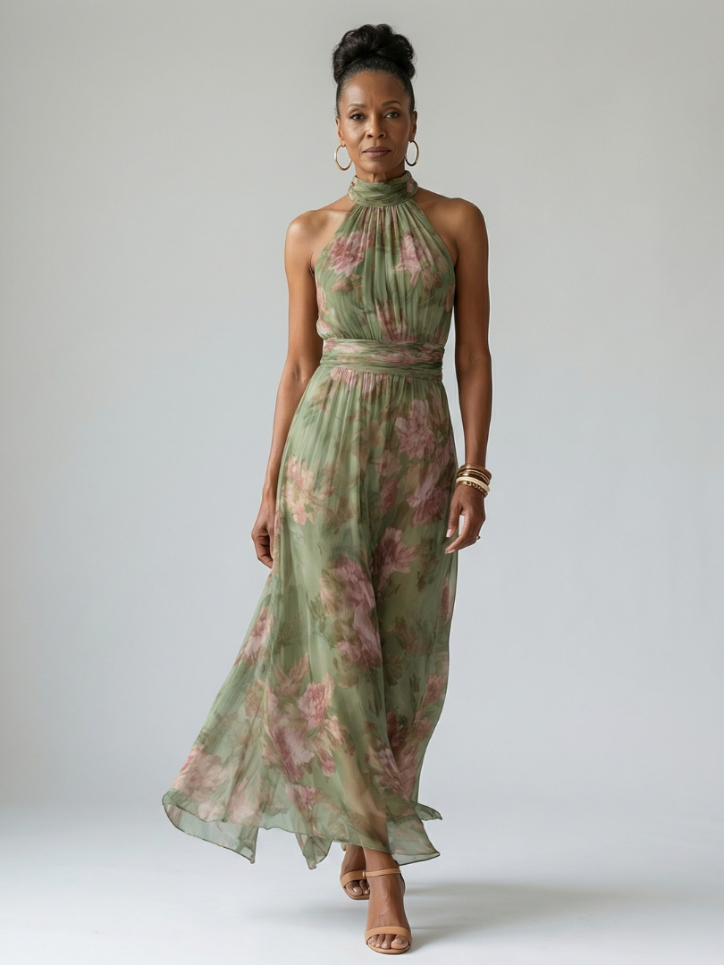Sage green floral maxi dress with high halter neckline